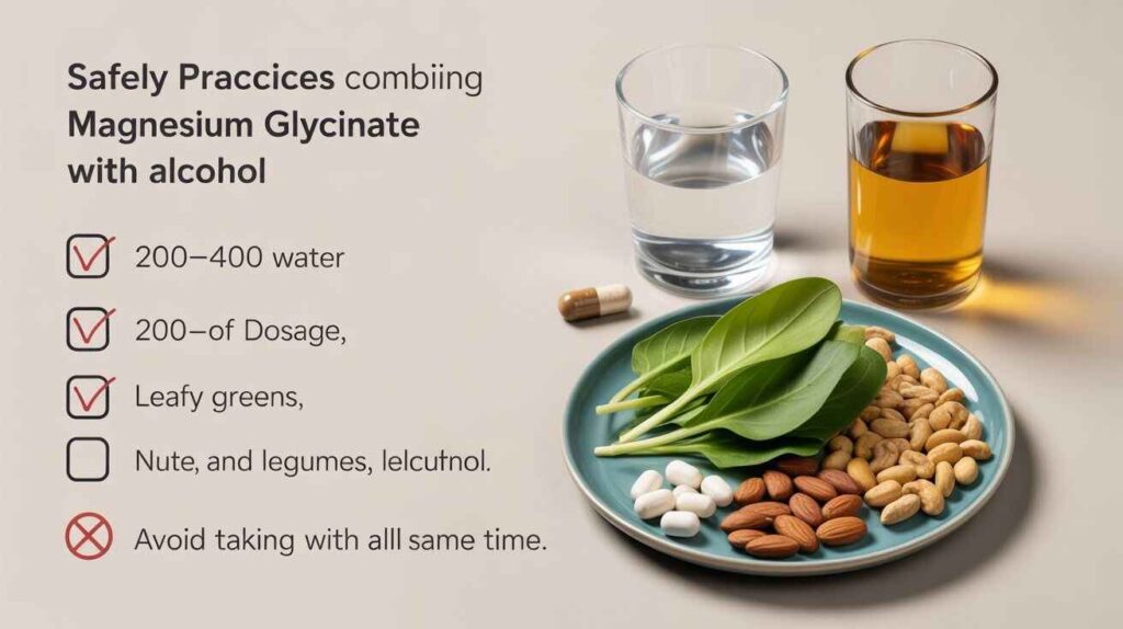 "Best practices for safe use of magnesium glycinate with alcohol shown in infographic with dosage, hydration, and dietary magnesium sources."