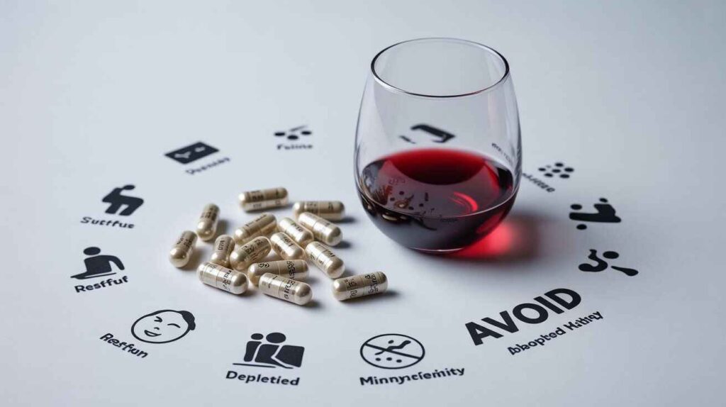 "Can you take magnesium glycinate with alcohol illustrated as capsules beside a wine glass showing effects on sleep, muscle health, and absorption."