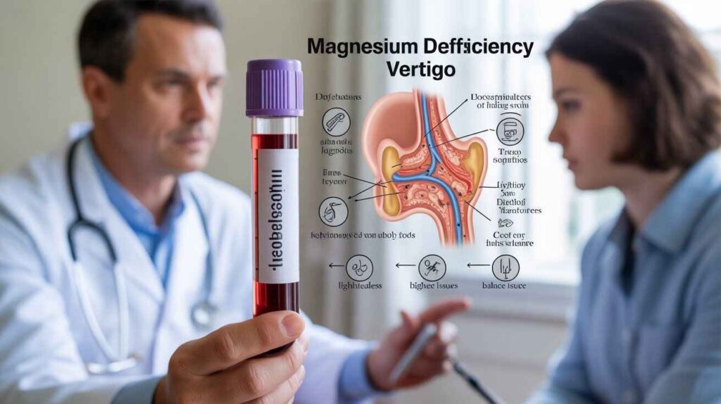 "Diagnosis and medical evidence of magnesium deficiency and vertigo shown with blood test, inner ear diagram, and doctor consultation."