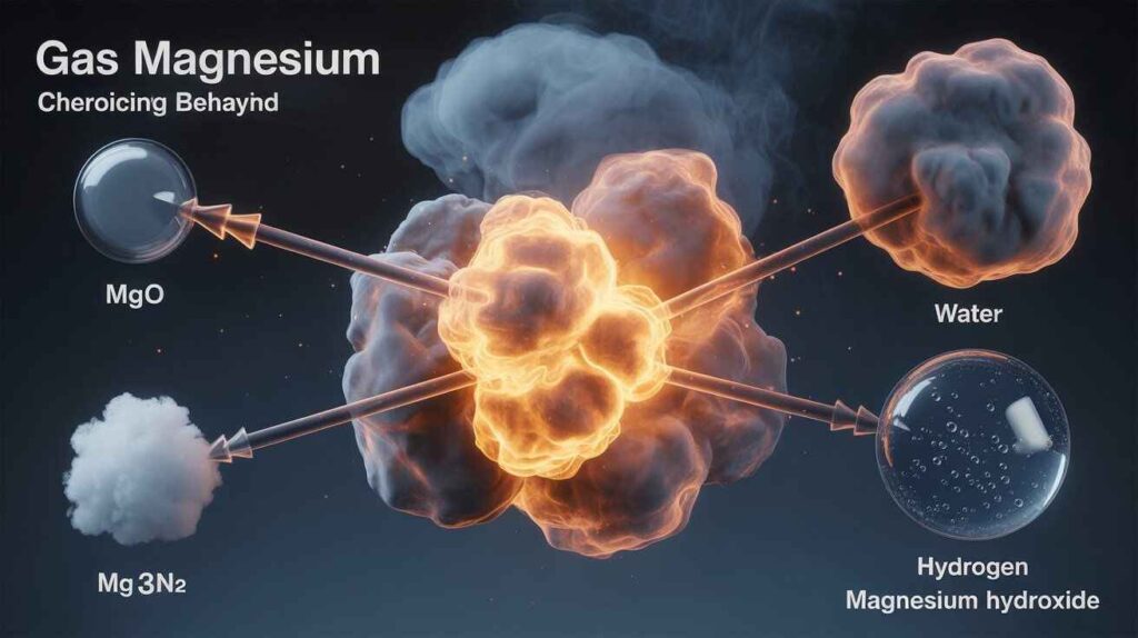 "Gas Magnesium chemical behavior illustrated with reactions forming magnesium oxide, magnesium nitride, and hydrogen gas with magnesium hydroxide.""Gas Magnesium chemical behavior illustrated with reactions forming magnesium oxide, magnesium nitride, and hydrogen gas with magnesium hydroxide."