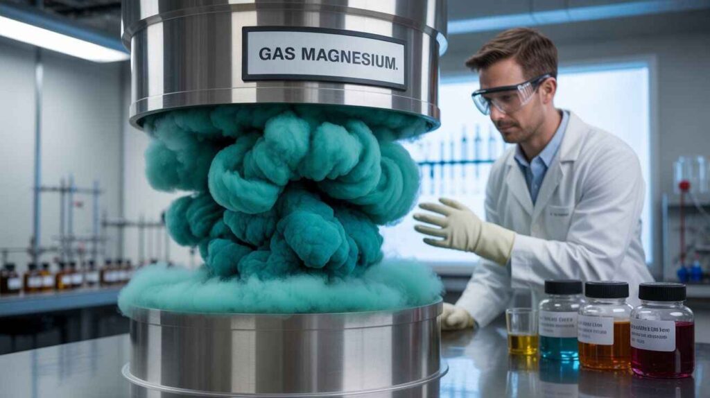 "Gas Magnesium used in industrial and laboratory applications with safety precautions, highlighting vaporization, oxidation, and chemical reactivity."