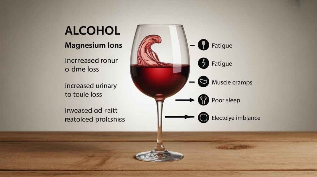 "How alcohol affects magnesium levels shown with wine glass reducing absorption, increasing mineral loss, and causing fatigue, cramps, and poor sleep."