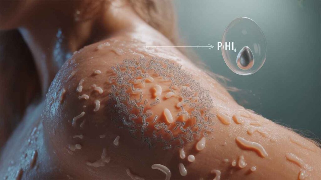 Realistic illustration showing how body odor forms, with sweat droplets on skin interacting with bacteria near apocrine glands, and a close-up of magnesium neutralizing pH to reduce odor.