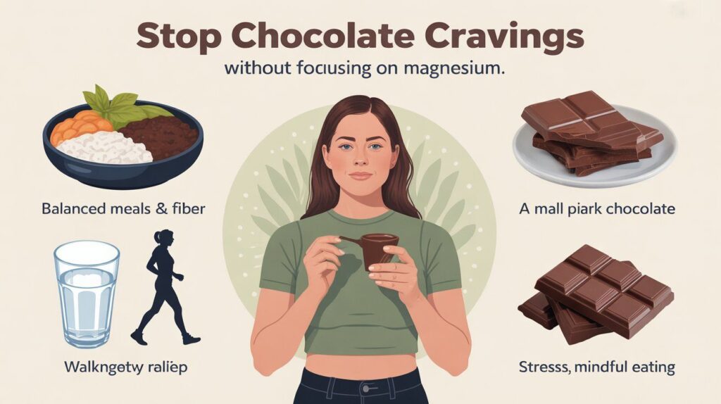 "Illustration explaining how to stop chocolate cravings without linking them to magnesium deficiency, featuring habits like balanced meals, hydration, small portions of dark chocolate, stress relief, and mindful eating."
