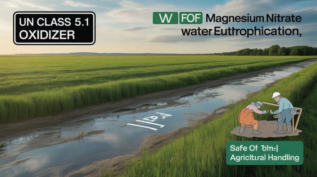 "Environmental impact and regulatory aspects of magnesium nitrate showing nitrate runoff, UN Class 5.1 hazard label, and safe agricultural use."