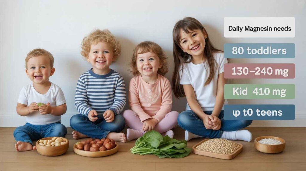Educational illustration showing a toddler, school-age child, and teen with magnesium-rich foods like nuts, leafy greens, and whole grains, alongside labeled daily magnesium needs (80 mg, 130–240 mg, and up to 410 mg), highlighting safe intake for kids.