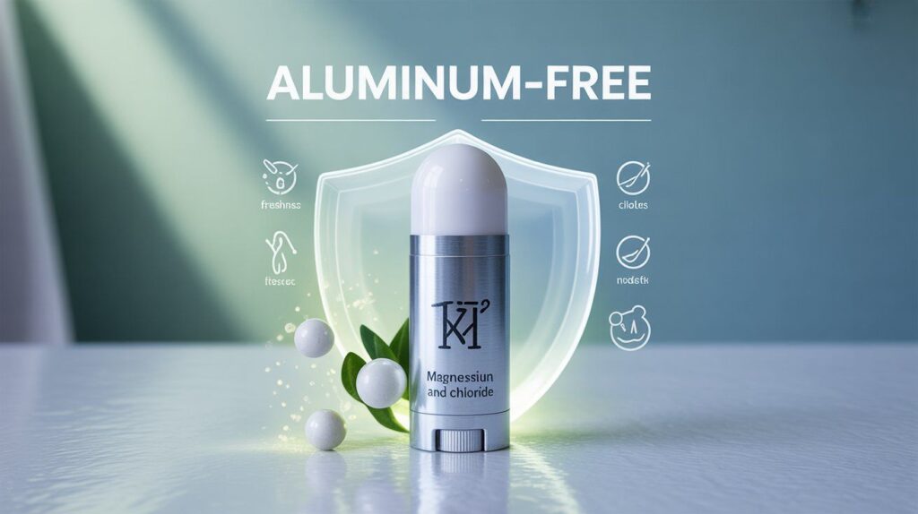 Magnesium Ascorbate Benefits for body odor control shown in a scientific infographic with deodorant stick, magnesium molecules, and odor protection shield.