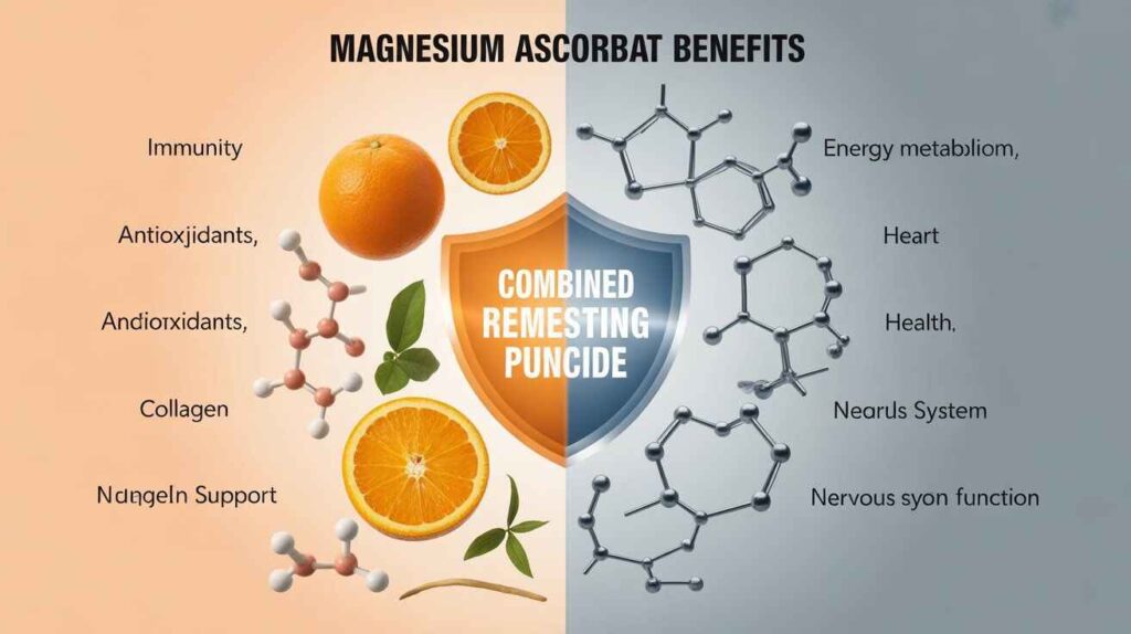 Magnesium Ascorbate Benefits illustrated in a scientific infographic with vitamin C for immunity and antioxidants, magnesium for heart and energy