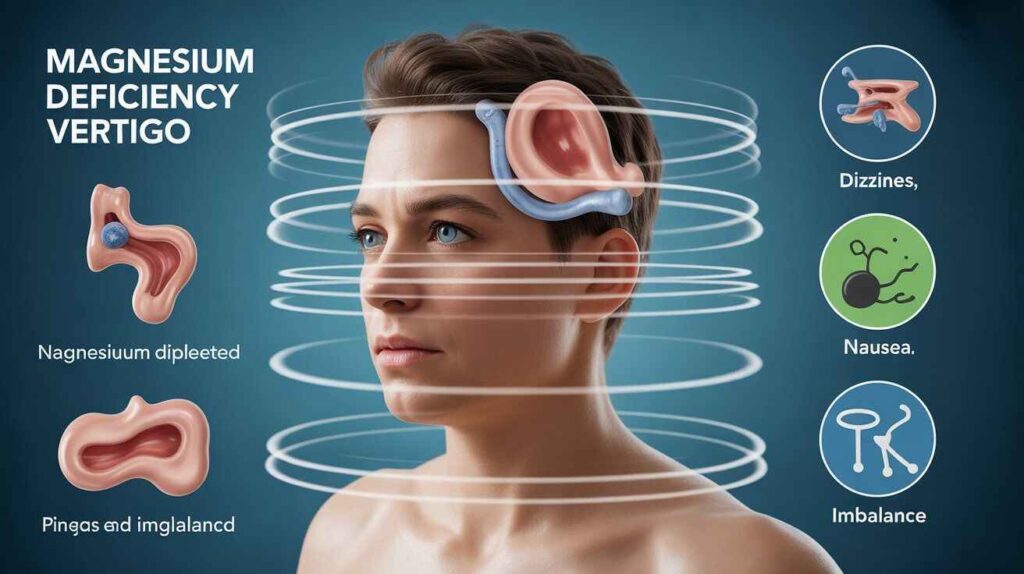 "Magnesium deficiency and vertigo illustrated with inner ear imbalance, depleted magnesium molecules, and symptoms like dizziness and nausea."