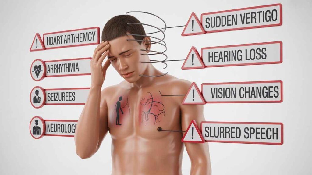 "Magnesium deficiency and vertigo risks infographic showing dizziness, arrhythmia, seizures, neurological issues, and warning signs to see a doctor."