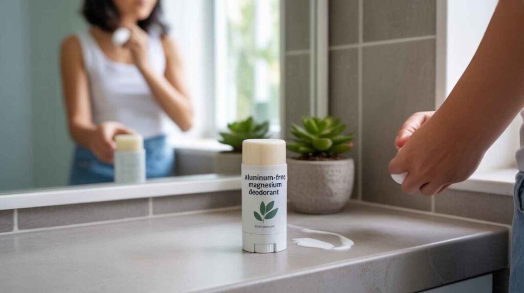 Natural magnesium deodorant stick on a bathroom counter with minimalist packaging, surrounded by soft lighting and green plants, symbolizing freshness and aluminum-free odor protection.