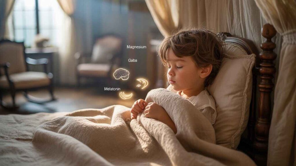 A child sleeping peacefully in bed at night with soft moonlight, surrounded by subtle glowing symbols representing magnesium, GABA, and melatonin, illustrating how magnesium supports deep, restorative sleep.