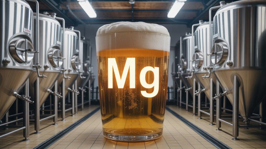 Realistic image of magnesium in beer during brewing and fermentation, showing yeast activity and magnesium’s role in supporting fermentation stability.