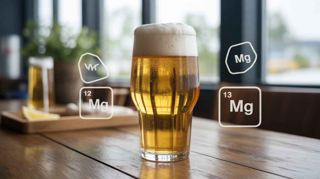 Realistic image of magnesium in beer showing a glass of golden beer with foam, highlighting magnesium minerals important for brewing and nutrition.