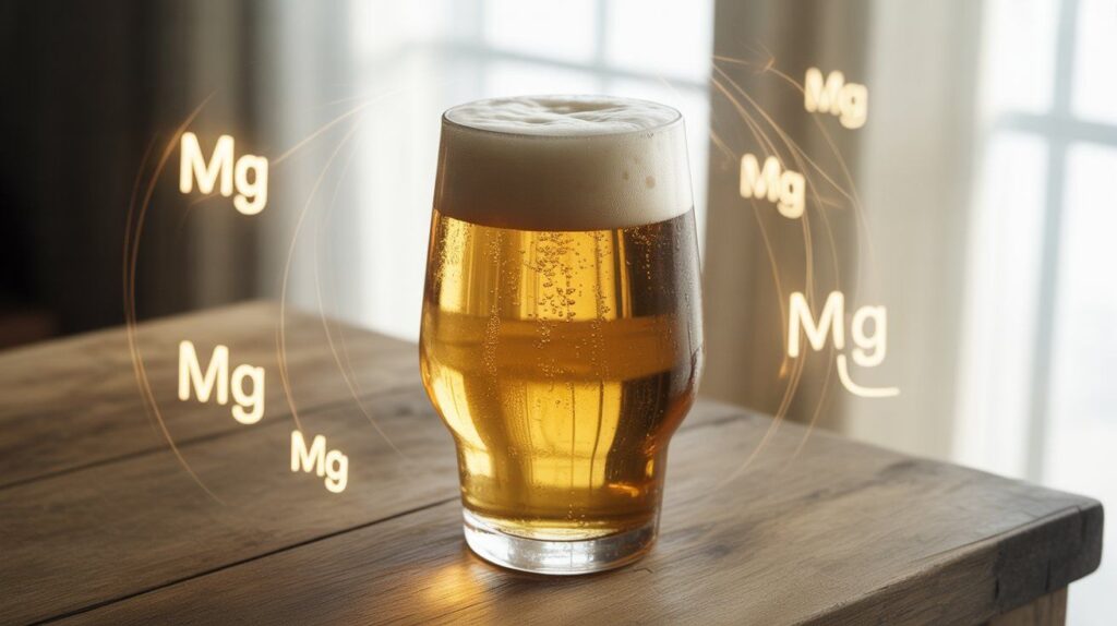 Realistic image of magnesium in beer showing a glass of golden beer with foam, highlighting magnesium’s role in brewing and nutrition.