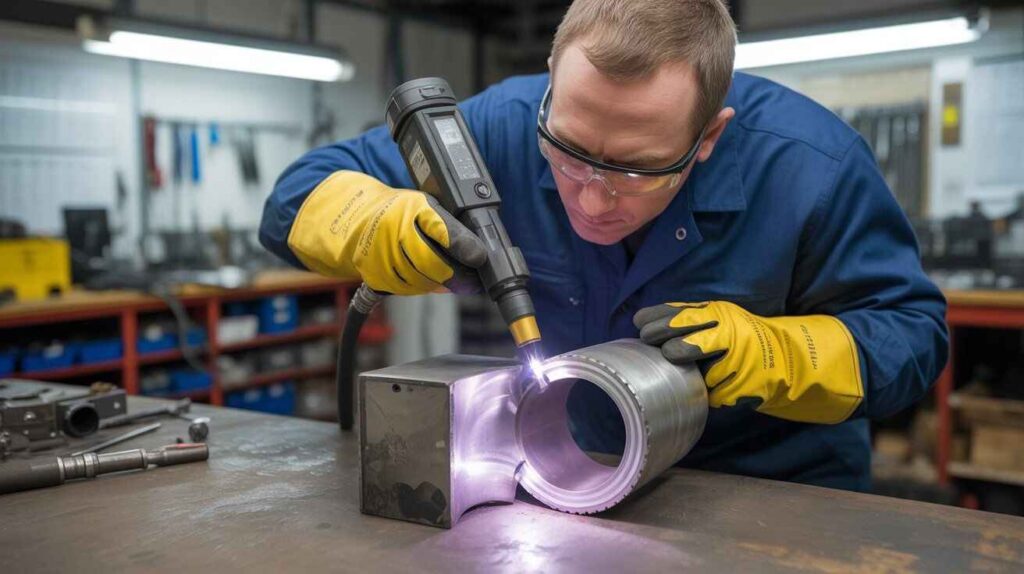 Post-weld inspection of magnesium joint showing clean surface, oxide removal, and technician using non-destructive testing tools.v