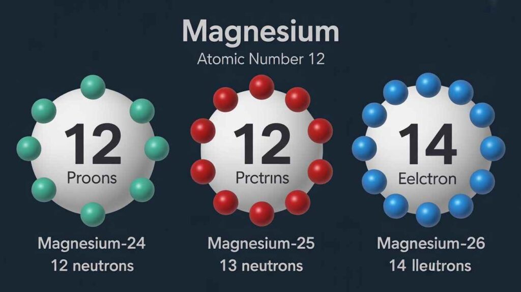Diagram of magnesium isotopes showing atomic number 12 with different neutron counts: Mg-24 (12 neutrons), Mg-25 (13 neutrons), Mg-26 (14 neutrons).