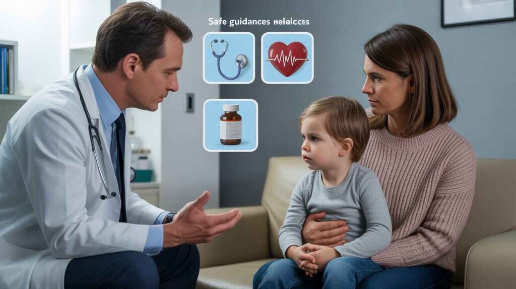 A pediatrician consulting with parents and their child about Kids Magnesium for Sleep, highlighting safety, possible side effects, and the importance of professional guidance before using supplements.