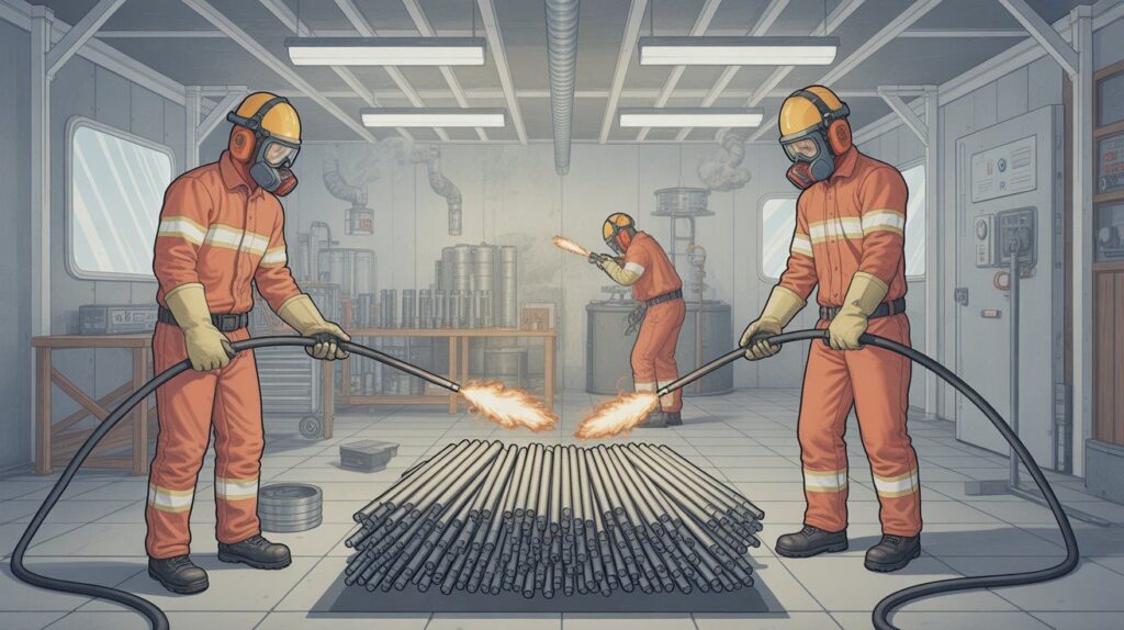 "Workers using PPE and engineering controls while handling magnesium rods hazardous materials, including respirators, goggles, and dust collection systems."