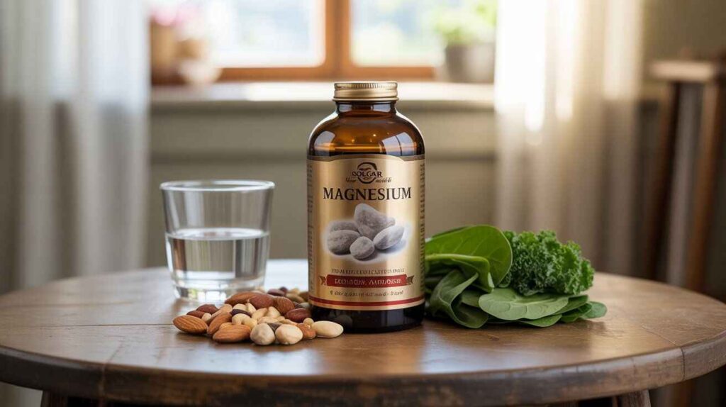 "Solgar Magnesium supplement with healthy foods, highlighting muscle, nerve, bone, and energy support with enhanced absorption."