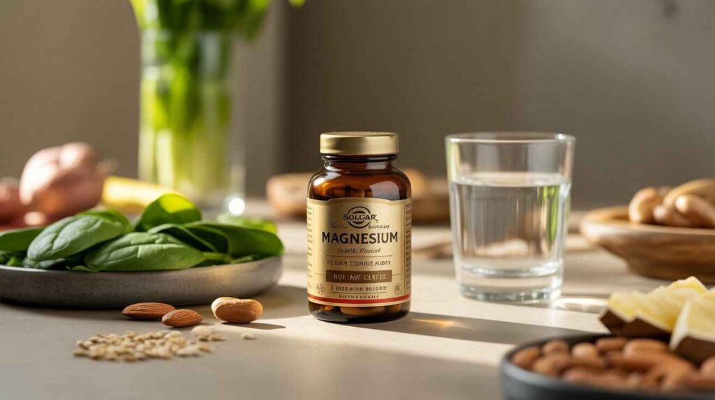 "Solgar Magnesium supplement with healthy foods, showing benefits for muscle relaxation, nerve function, bone strength, heart health, sleep, and energy."