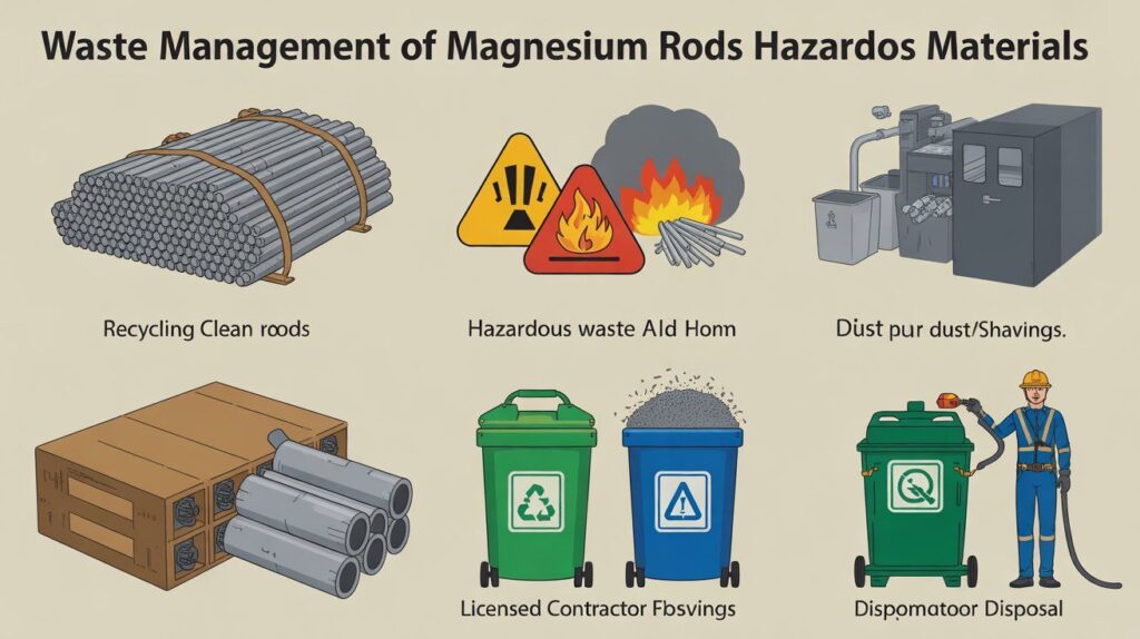 "Safe disposal and recycling of magnesium rods hazardous materials, showing scrap recycling, hazardous waste bins, and licensed contractor handling."