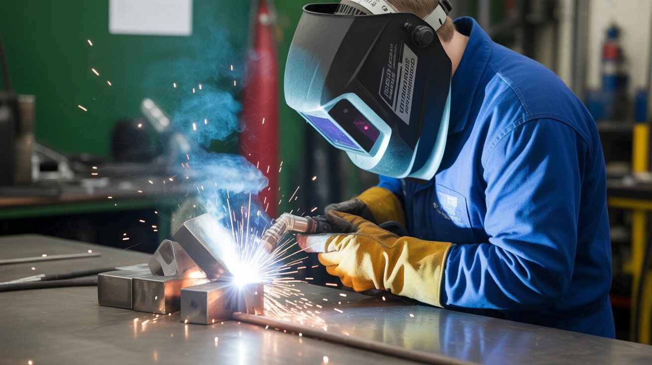 "Welding Magnesium process in an industrial workshop, showing safety gear, sparks, and magnesium alloy welding techniques."