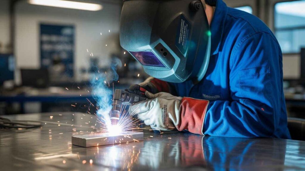 Welding magnesium metal using TIG process, showing clean joint and bright arc in aerospace fabrication.