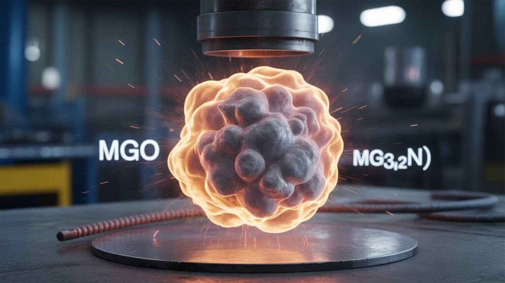 "Gas Magnesium shown as vaporized magnesium at high temperature with reactions forming magnesium oxide and nitride for industrial applications."
