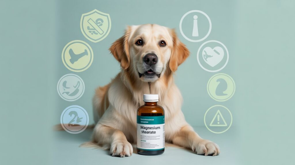 "Dog with a supplement bottle labeled magnesium stearate, illustrating safety concerns and veterinary guidance for pet owners."