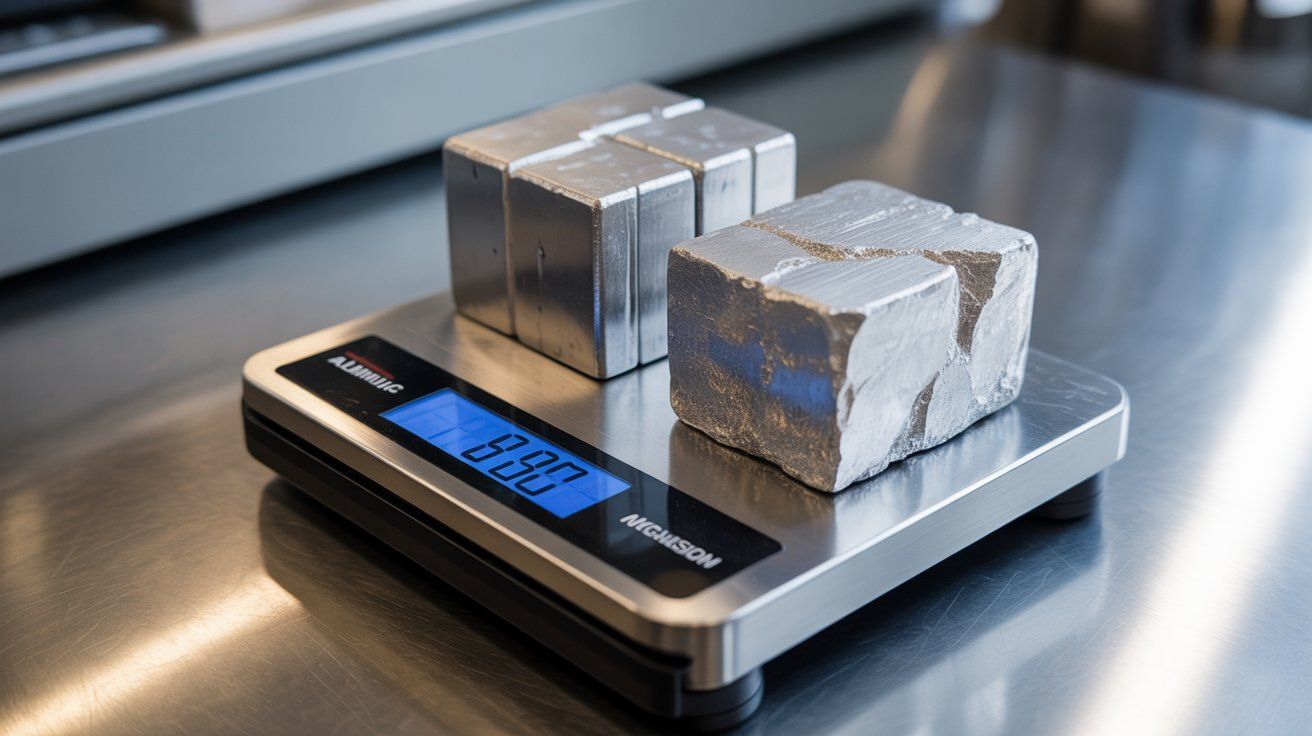 Realistic image showing aluminum and magnesium blocks on a scale, illustrating what is lighter aluminum or magnesium — magnesium being the lighter metal.