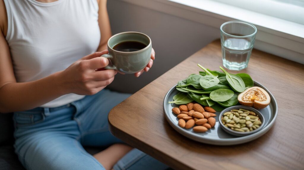 Coffee and magnesium balance with spinach, almonds, pumpkin seeds, and water, showing smart habits and moderation for healthy living.