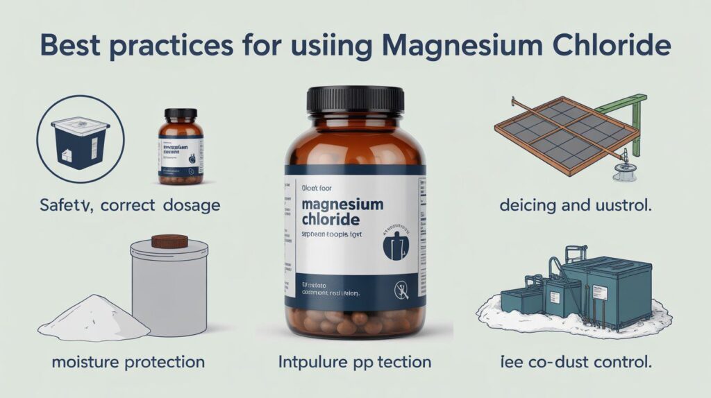 “Infographic showing best practices for using magnesium chloride, including safe storage, proper dosage, industrial application, and eco-friendly usage guidelines.”