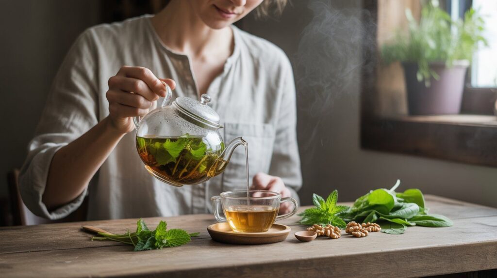 "Realistic image of brewing magnesium-rich herbal tea like nettle or green tea, with nuts and leafy greens beside for added magnesium support."