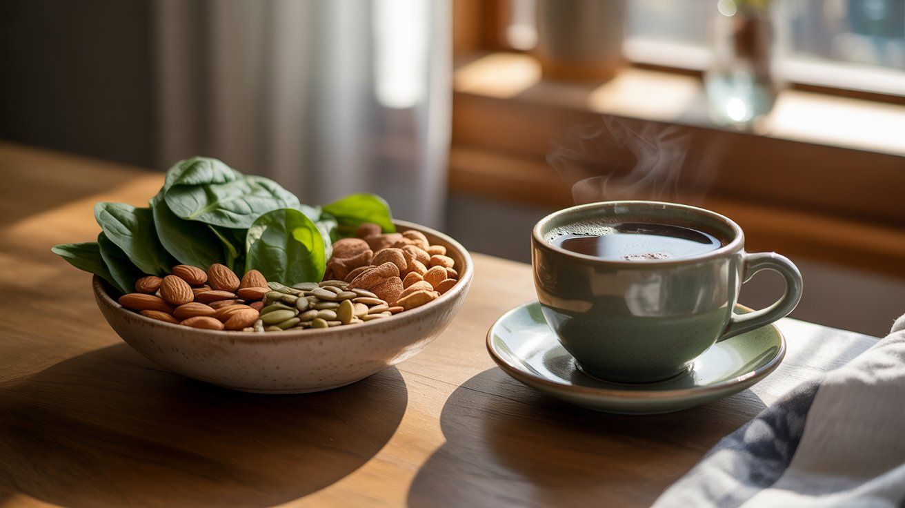 Coffee and magnesium with almonds, spinach, and pumpkin seeds on a table, showing the balance between caffeine and magnesium for wellness.