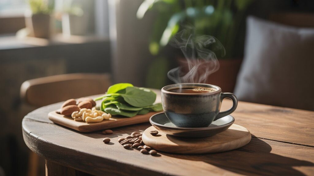 Coffee and magnesium concept showing a cup of coffee with nuts and spinach, symbolizing the balance between caffeine and magnesium levels.