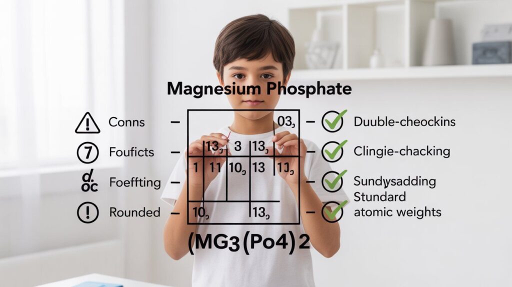 "Infographic showing common mistakes and accuracy tips for calculating the molar mass of magnesium phosphate (Mg₃(PO₄)₂).""Infographic showing common mistakes and accuracy tips for calculating the molar mass of magnesium phosphate (Mg₃(PO₄)₂)."