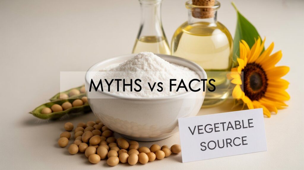 “Common myths about magnesium stearate — image showing plant-based magnesium stearate powder labeled vegetable source, debunking misconceptions about safety and origin.”