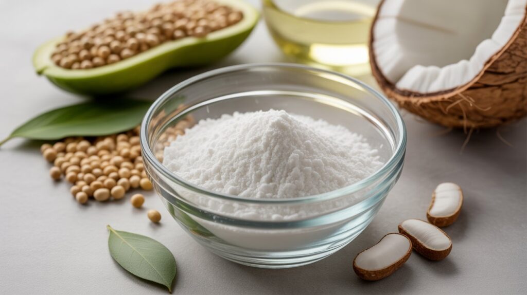 “Is magnesium stearate vegetarian — white magnesium stearate powder in a glass bowl beside plant-based oils and soybeans representing vegetarian sources.”