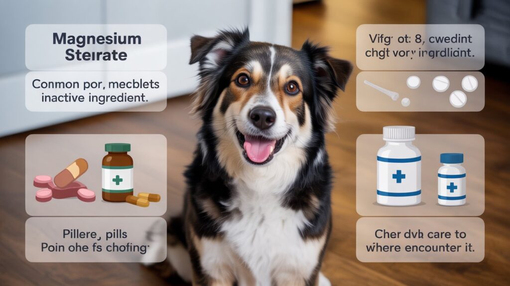 "Infographic showing how dogs encounter magnesium stearate in supplements, chewable tablets, and veterinary medications."