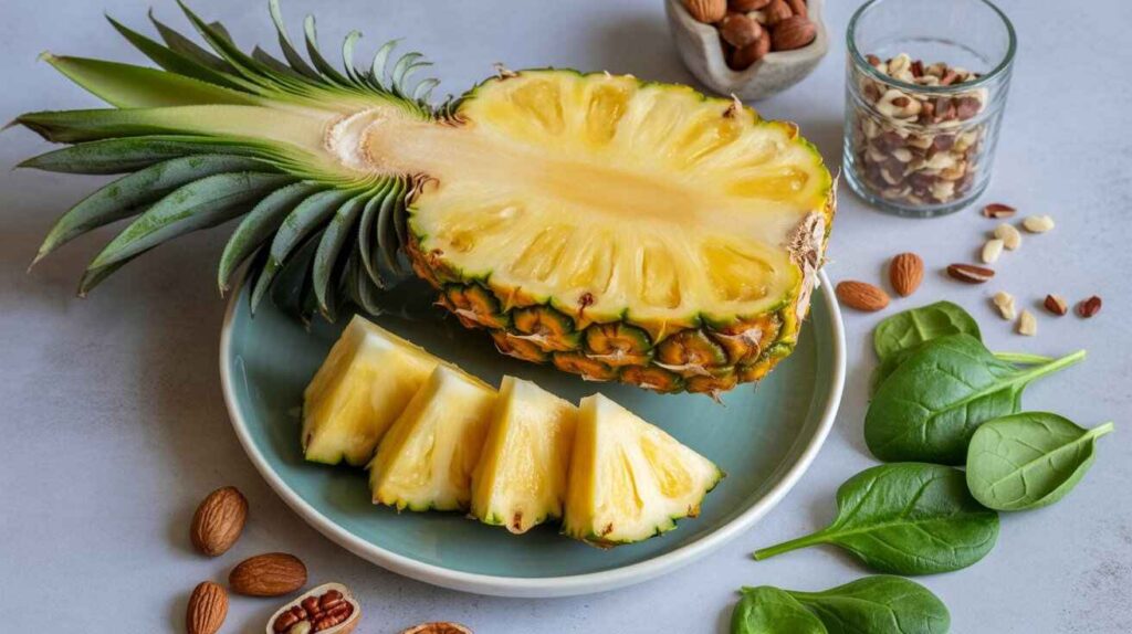 Pineapple slices with magnesium-rich foods like nuts and greens, showing benefits for muscles, nerves, bones, and immunity.