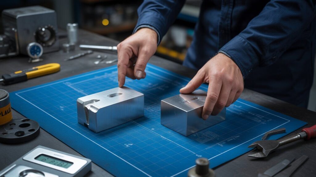 Engineer comparing aluminum and magnesium metal samples on a workbench, illustrating how to choose between aluminum and magnesium based on project needs.