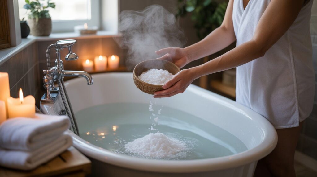 A person preparing and soaking in a warm tub, demonstrating how to take a magnesium chloride bath for relaxation, muscle relief, and skin hydration.