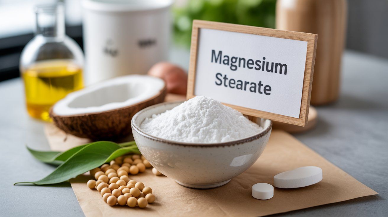 “Is magnesium stearate vegetarian — image showing white magnesium stearate powder in a bowl with plant-based ingredients like soy and coconut oil.”