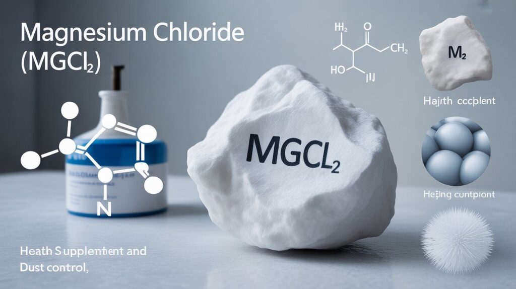 “Realistic image showing magnesium chloride (MgCl₂) crystals with labeled molecular structure and visuals highlighting its health and industrial applications.”