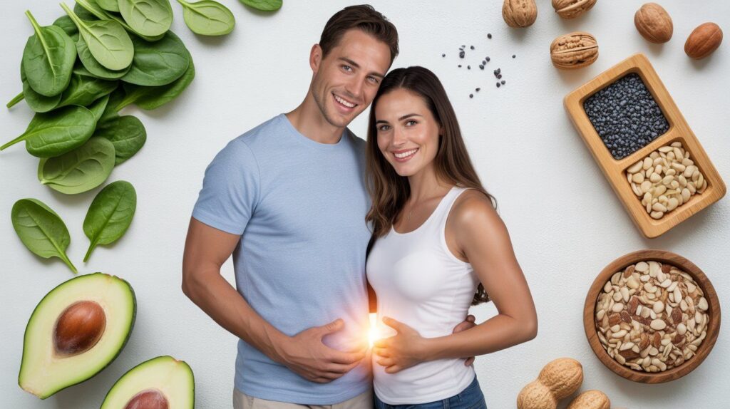 “Healthy couple with magnesium-rich foods representing magnesium’s role in fertility, hormone balance, and conception.”