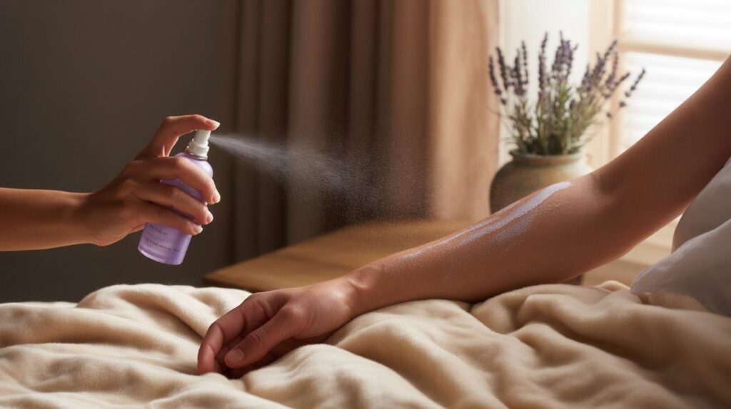 “Person using magnesium for sleep spray on skin before bed to promote relaxation, ease tension, and improve sleep quality naturally.”
