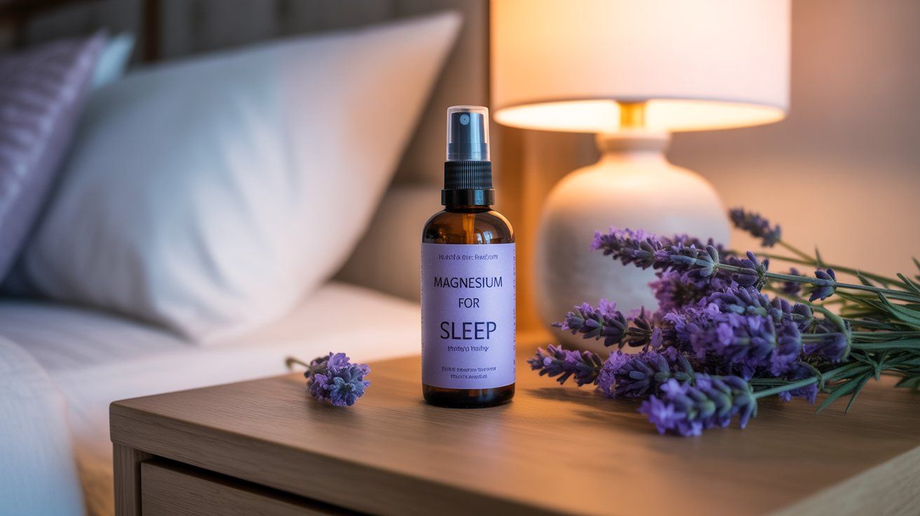 “Magnesium for sleep spray bottle with lavender, promoting relaxation and better sleep through transdermal magnesium absorption.”