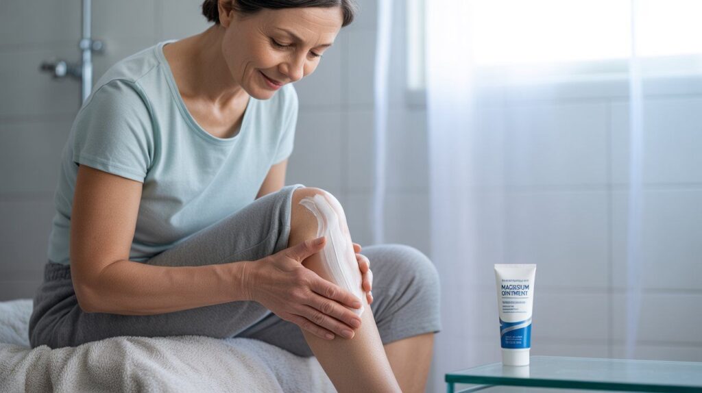 "Person applying magnesium ointment for pain on joints and muscles for natural relief and recovery."