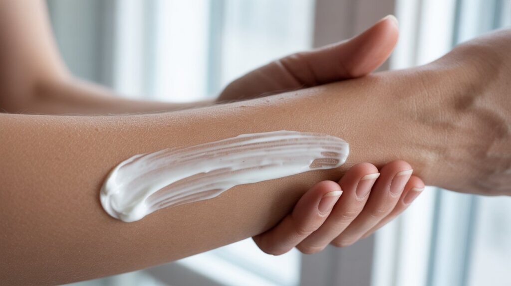 "Realistic image of a person massaging magnesium ointment onto their forearm to illustrate topical absorption through the skin."